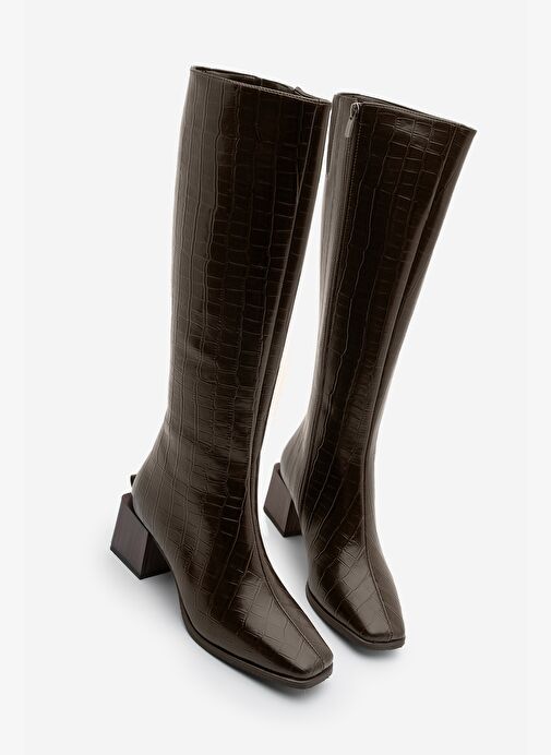 Kadın Küt Burun Fermuarlı Kalın Topuklu Çizme Lusso Kahve Croco - Görsel 2