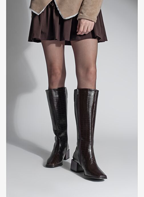 Kadın Küt Burun Fermuarlı Kalın Topuklu Çizme Lusso Kahve Croco - Görsel 3