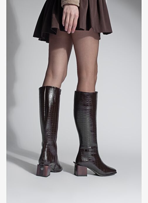 Kadın Küt Burun Fermuarlı Kalın Topuklu Çizme Lusso Kahve Croco - Görsel 5