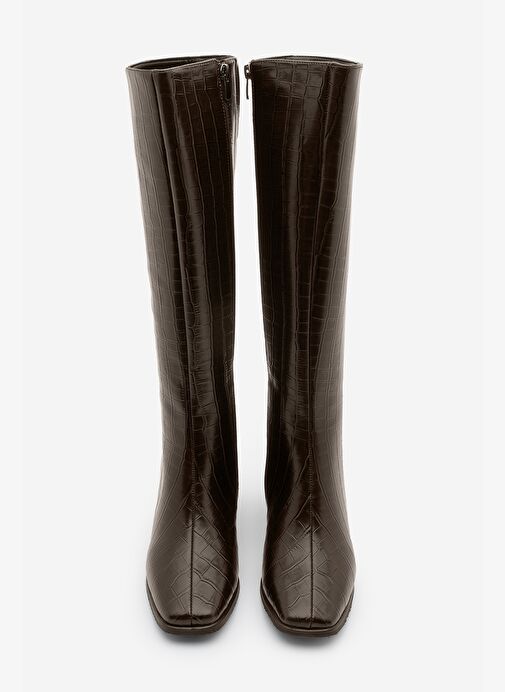 Kadın Küt Burun Fermuarlı Kalın Topuklu Çizme Lusso Kahve Croco - Görsel 6