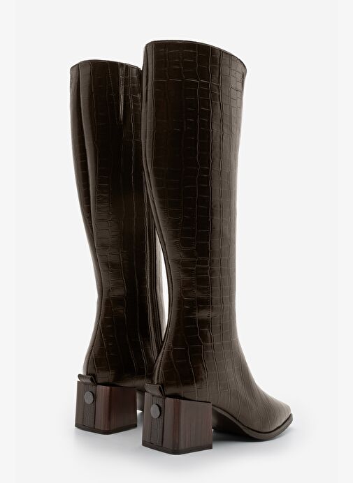Kadın Küt Burun Fermuarlı Kalın Topuklu Çizme Lusso Kahve Croco - Görsel 7