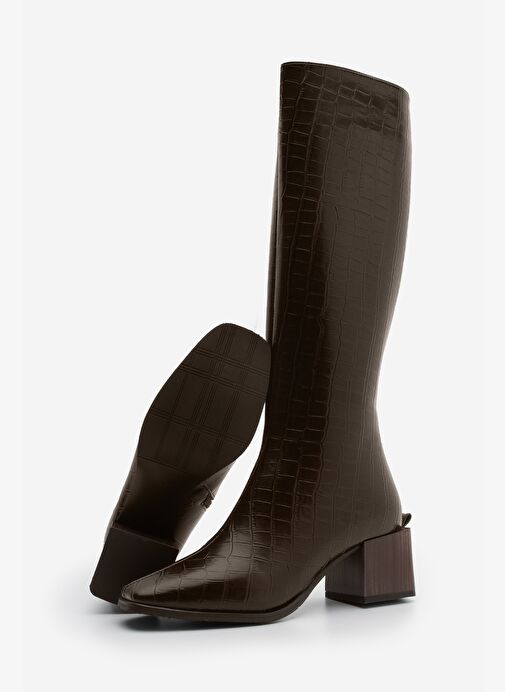 Kadın Küt Burun Fermuarlı Kalın Topuklu Çizme Lusso Kahve Croco - Görsel 8