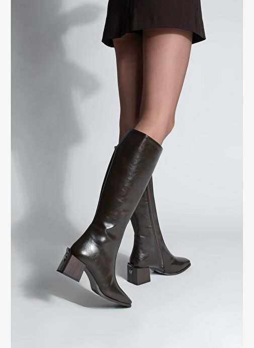 Kadın Küt Burun Fermuarlı Kalın Topuklu Çizme Lusso Kahve - Görsel 2