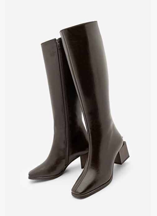 Kadın Küt Burun Fermuarlı Kalın Topuklu Çizme Lusso Kahve - Görsel 4