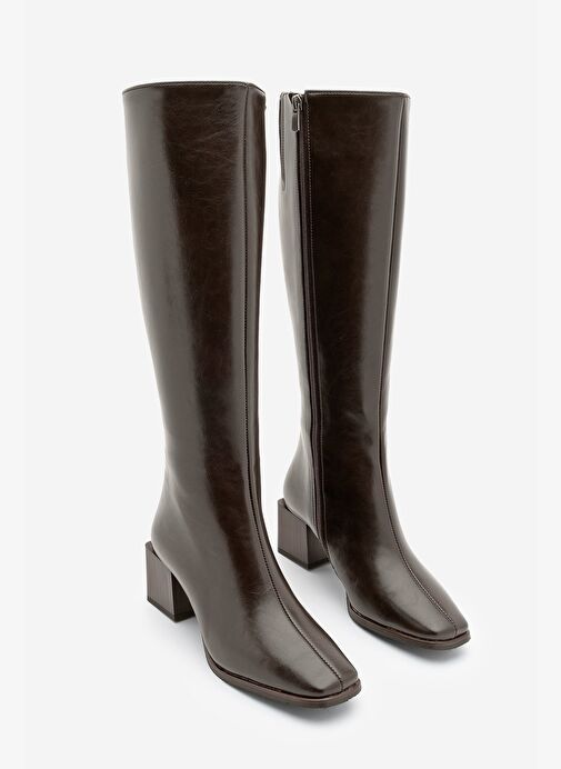 Kadın Küt Burun Fermuarlı Kalın Topuklu Çizme Lusso Kahve - Görsel 6