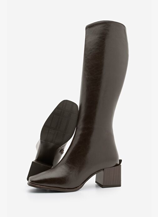 Kadın Küt Burun Fermuarlı Kalın Topuklu Çizme Lusso Kahve - Görsel 9