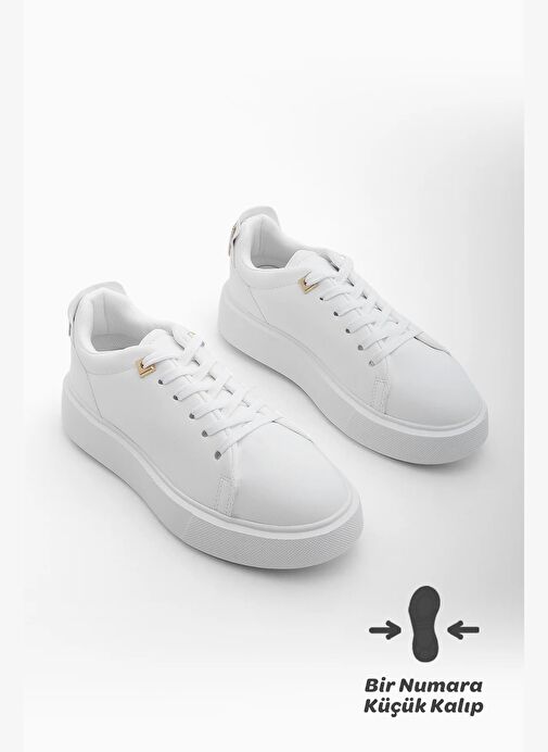 Kadın Sneaker Kalın Taban Altın Toka Detaylı Bağcıklı Spor Ayakkabı Rofke Beyaz - Görsel 8