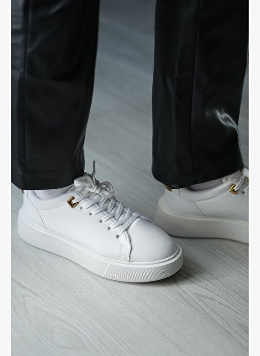 Kadın Sneaker Kalın Taban Altın Toka Detaylı Bağcıklı Spor Ayakkabı Rofke Beyaz - Görsel 7