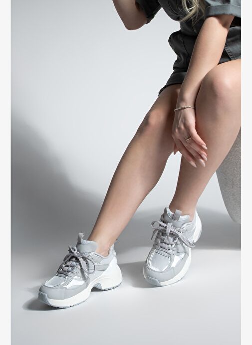 Kadın Sneaker Kalın Taban Bağcıklı Çok Parçalı Spor Ayakkabı Luser Gri - Görsel 6