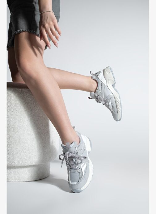 Kadın Sneaker Kalın Taban Bağcıklı Çok Parçalı Spor Ayakkabı Luser Gri - Görsel 7