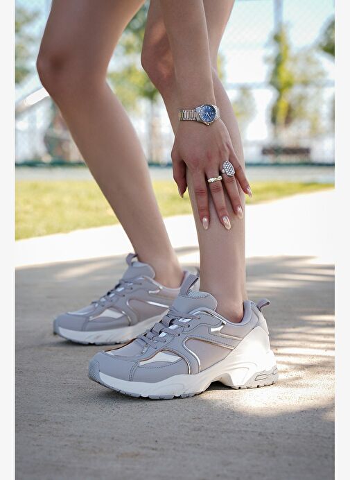 Kadın Sneaker Kalın Taban Bağcıklı Çok Parçalı Spor Ayakkabı Luser Gri - Görsel 8