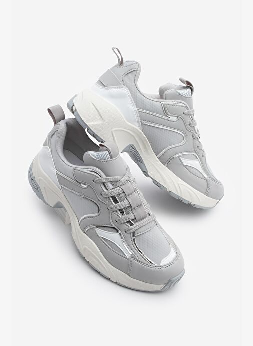 Kadın Sneaker Kalın Taban Bağcıklı Çok Parçalı Spor Ayakkabı Luser Gri - Görsel 4
