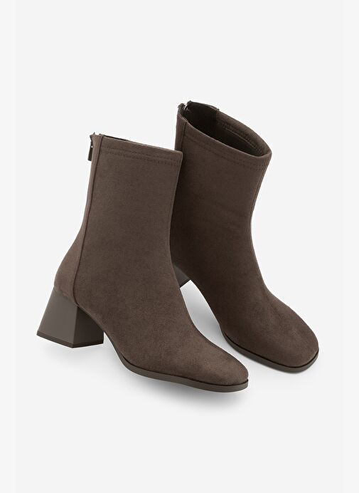 Kadın Topuklu Bot Küt Burun Arkadan Fermuarlı Nayis Kahve Süet - Görsel 2