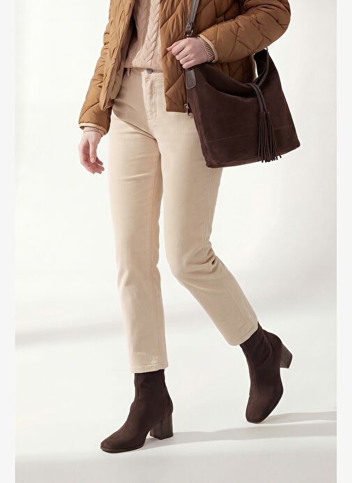 Kadın Topuklu Bot Küt Burun Arkadan Fermuarlı Nayis Kahve Süet - Görsel 5