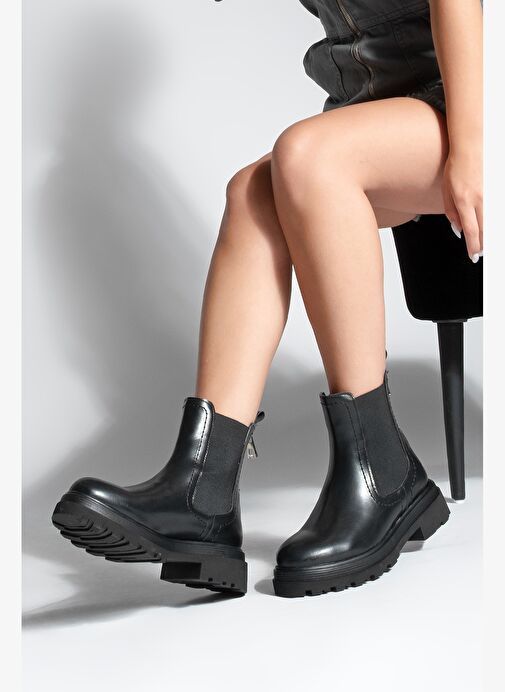 Kadın Lastikli Fermuar Aksesuarlı Tırtıklı Kalın Taban Günlük Bot Rupit Siyah - Görsel 3