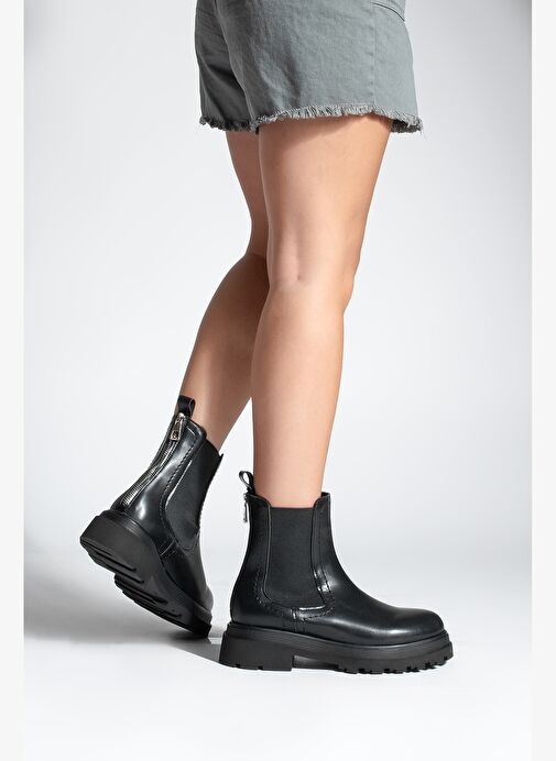 Kadın Lastikli Fermuar Aksesuarlı Tırtıklı Kalın Taban Günlük Bot Rupit Siyah - Görsel 5