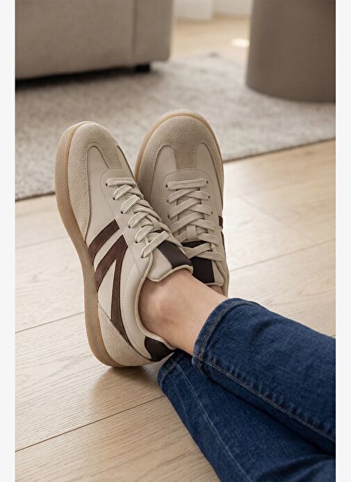 Kadın Sneaker Bağcıklı Düz Taban Retro Spor Ayakkabı Norde Bej - Görsel 3