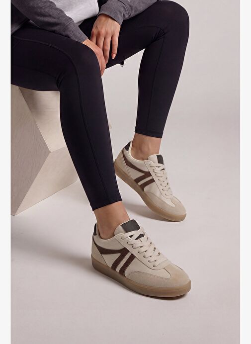Kadın Sneaker Bağcıklı Düz Taban Retro Spor Ayakkabı Norde Bej - Görsel 5