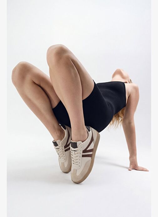 Kadın Sneaker Bağcıklı Düz Taban Retro Spor Ayakkabı Norde Bej - Görsel 7
