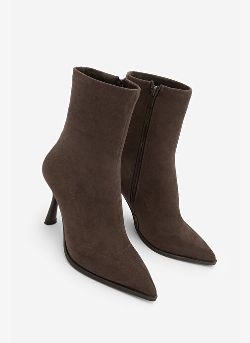 Kadın Topuklu Bot Sivri Burun Kadeh Ökçe Günlük Klasik Bot Holes Kahve Süet - Görsel 2