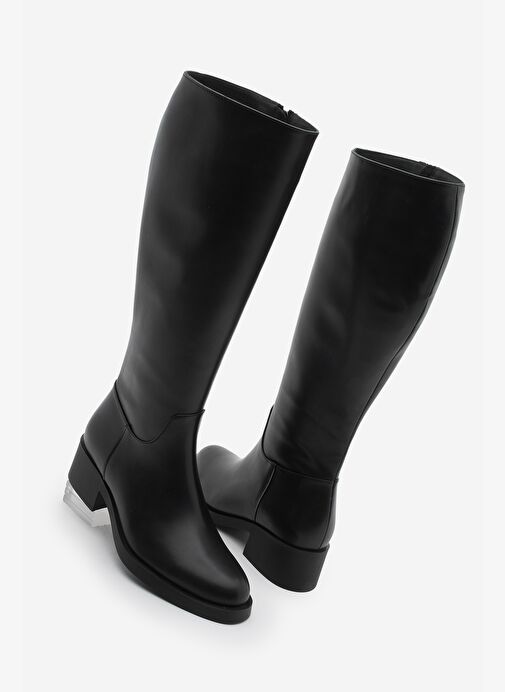 Kadın Dizaltı Fermuarlı Klasik Topuklu Çizme Lunces Siyah - Görsel 2