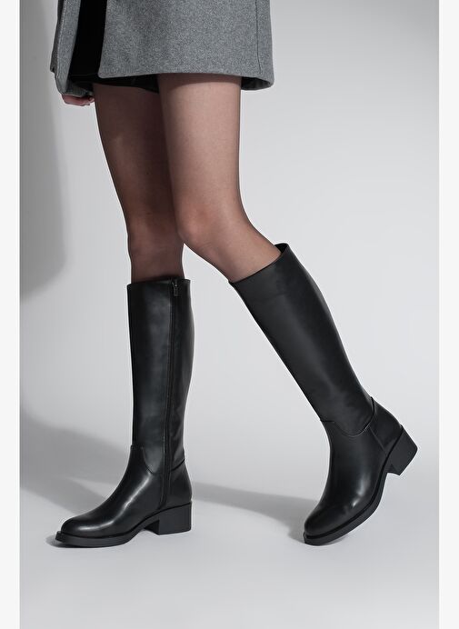 Kadın Dizaltı Fermuarlı Klasik Topuklu Çizme Lunces Siyah - Görsel 3