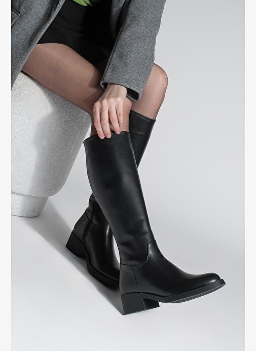 Kadın Dizaltı Fermuarlı Klasik Topuklu Çizme Lunces Siyah - Görsel 5