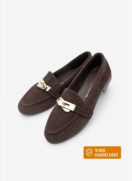 Kadın Loafer Hakiki Deri Tokalı Makosen Günlük Ayakkabı Nador Kahve Süet - Görsel 6