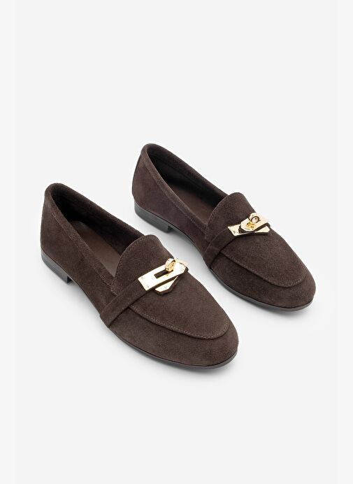 Kadın Loafer Hakiki Deri Tokalı Makosen Günlük Ayakkabı Nador Kahve Süet - Görsel 3