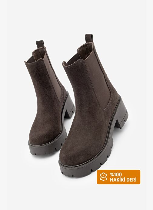 Kadın Hakiki Deri Çift Lastikli Kalın Topuklu Günlük Bot Viper Kahve Süet - Görsel 2