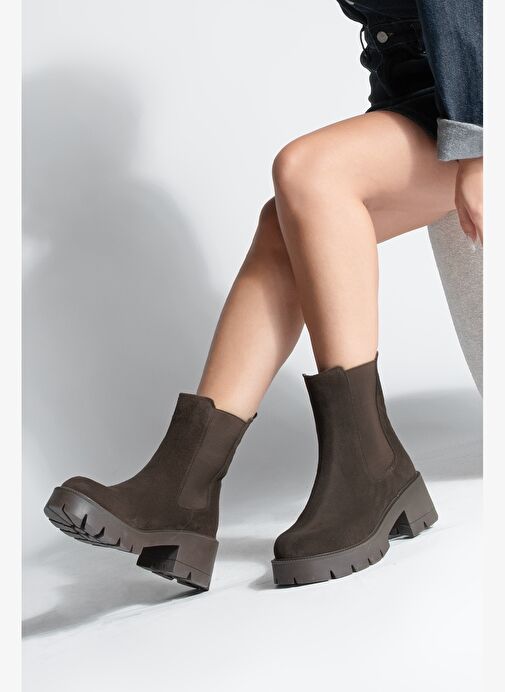 Kadın Hakiki Deri Çift Lastikli Kalın Topuklu Günlük Bot Viper Kahve Süet - Görsel 3