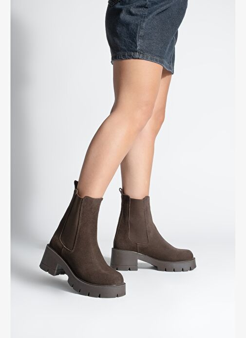 Kadın Hakiki Deri Çift Lastikli Kalın Topuklu Günlük Bot Viper Kahve Süet - Görsel 5