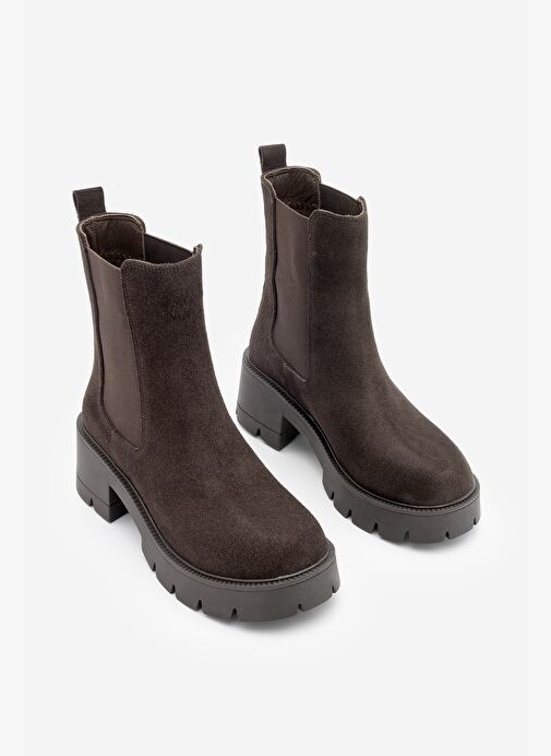 Kadın Hakiki Deri Çift Lastikli Kalın Topuklu Günlük Bot Viper Kahve Süet - Görsel 6