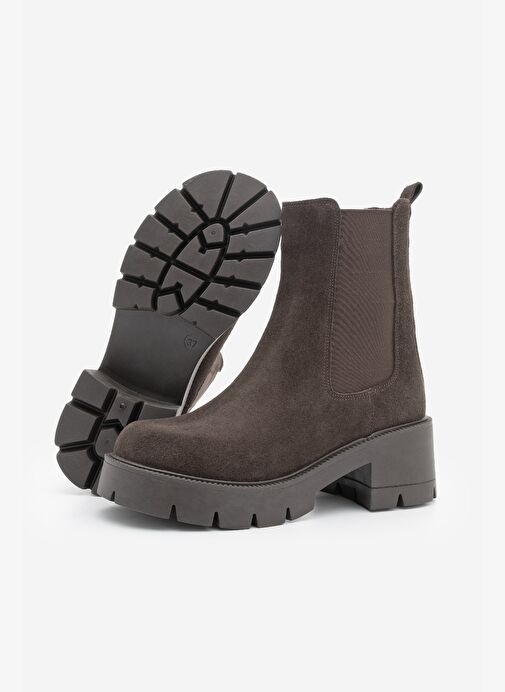 Kadın Hakiki Deri Çift Lastikli Kalın Topuklu Günlük Bot Viper Kahve Süet - Görsel 8