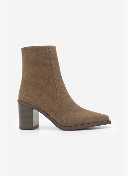 Kadın Sivri Burun Fermuarlı Kalın Ökçe Topuklu Bot Ranka Kahve Süet - Görsel 4