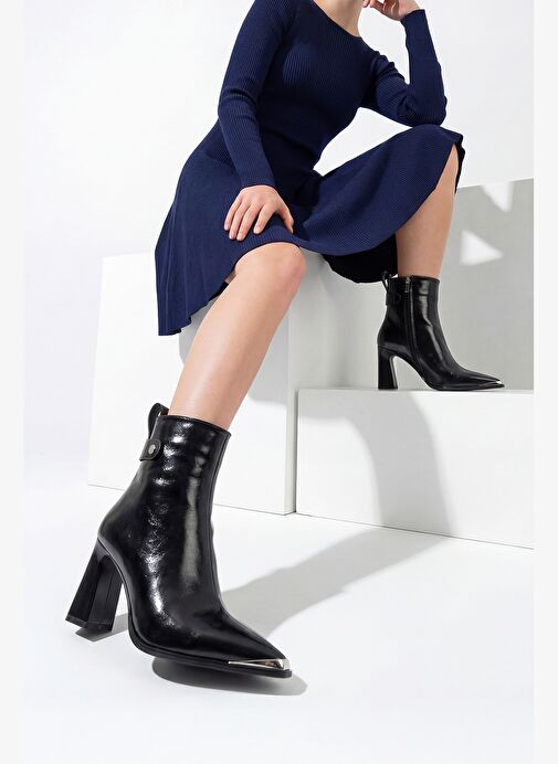 Marjin Marjin Kadın Sivri Burun Metal Uçlu Fermuarlı Kalın Topuklu Bot Berne Siyah | Boyner Siyah - 3. görsel