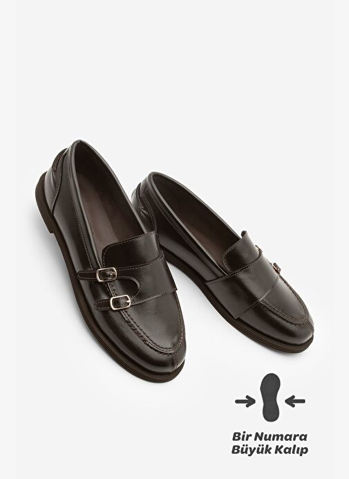 Kadın Loafer Çift Bantlı Makosen Tokalı Günlük Ayakkabı Ovora Kahve - Görsel 2