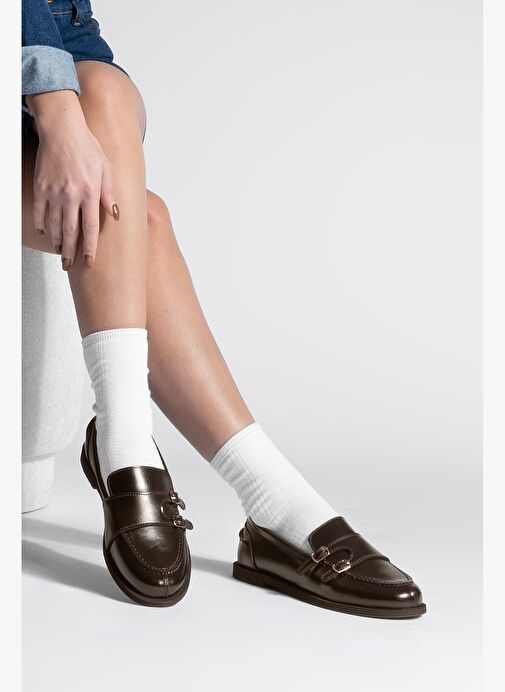 Kadın Loafer Çift Bantlı Makosen Tokalı Günlük Ayakkabı Ovora Kahve - Görsel 3