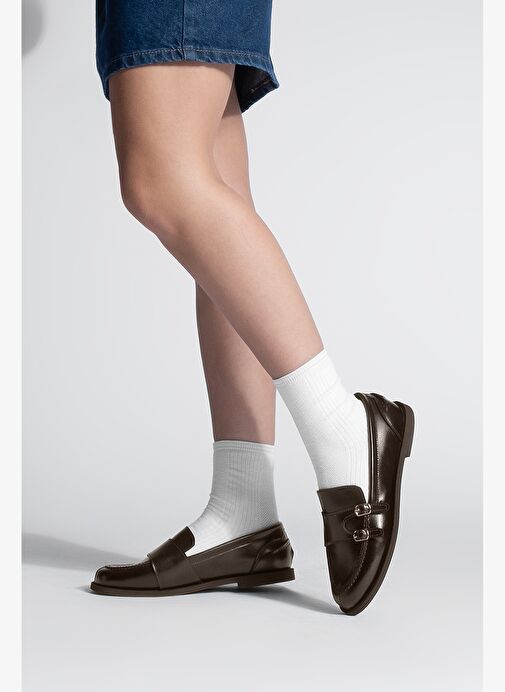 Kadın Loafer Çift Bantlı Makosen Tokalı Günlük Ayakkabı Ovora Kahve - Görsel 5