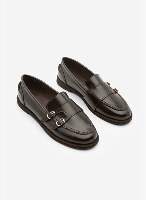 Kadın Loafer Çift Bantlı Makosen Tokalı Günlük Ayakkabı Ovora Kahve - Görsel 6