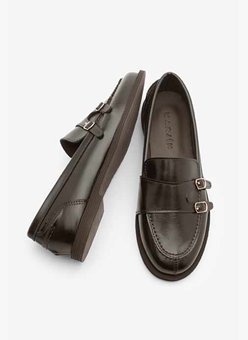 Kadın Loafer Çift Bantlı Makosen Tokalı Günlük Ayakkabı Ovora Kahve - Görsel 8