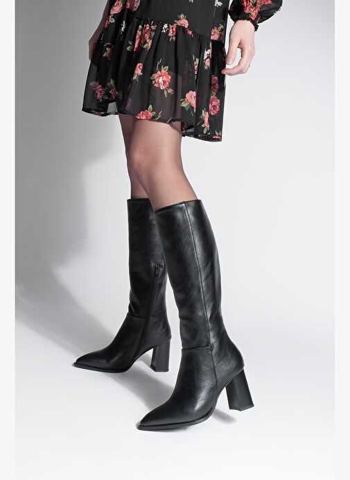 Marjin Marjin Kadın Sivri Burun Yarım Fermuarlı Kalın Topuklu Çizme Mortez Siyah Bot | Boyner Siyah - 5. görsel