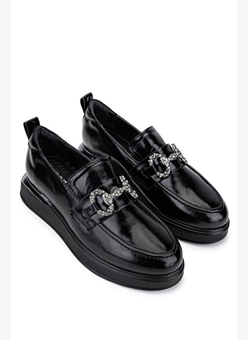 Tamer Tanca Kadın Hakiki Deri Siyah Rugan Loafer Ayakkabı - Görsel 3