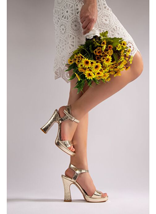 Linda Kadın Abiye Platform Topuklu Ayakkabı Gold - Görsel 6