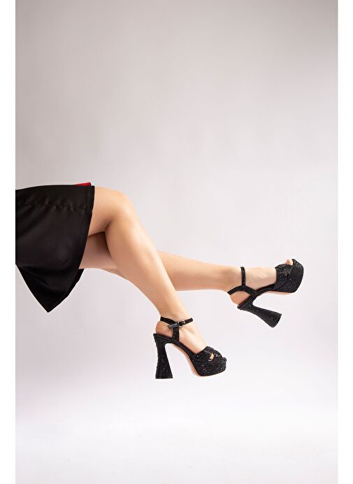 Camelia Kadın Abiye Platform Topuklu Ayakkabı Siyah Taşlı - Görsel 5