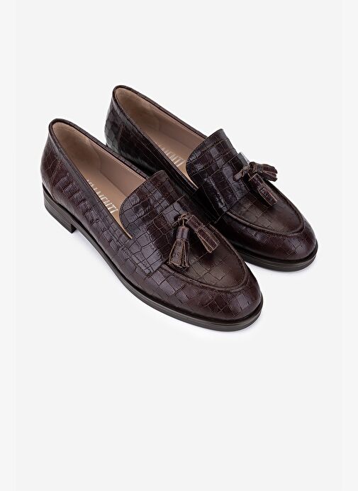 Valmenti Kadın Hakiki Deri Kahverengi Kroko Loafer Ayakkabı - Görsel 3