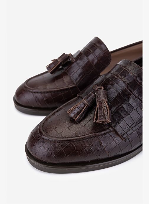Valmenti Kadın Hakiki Deri Kahverengi Kroko Loafer Ayakkabı - Görsel 4