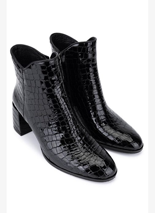 Tamer Tanca Kadın Hakiki Deri Siyah Rugan Klasik Bot - Görsel 3