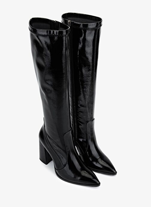 Valmenti Kadın Deri & Suni Siyah Rugan Topuklu Çizme - Görsel 3