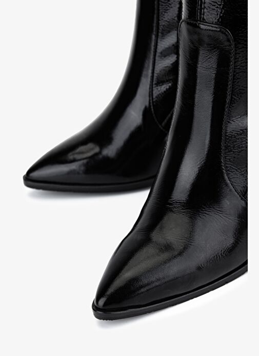 Valmenti Kadın Deri & Suni Siyah Rugan Topuklu Çizme - Görsel 4